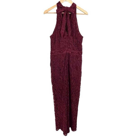 Ett Twa by Anthropologie Burgundy Lace with a Velvet Pattern Jumpsuit Size 8 - Picture 6 of 13
